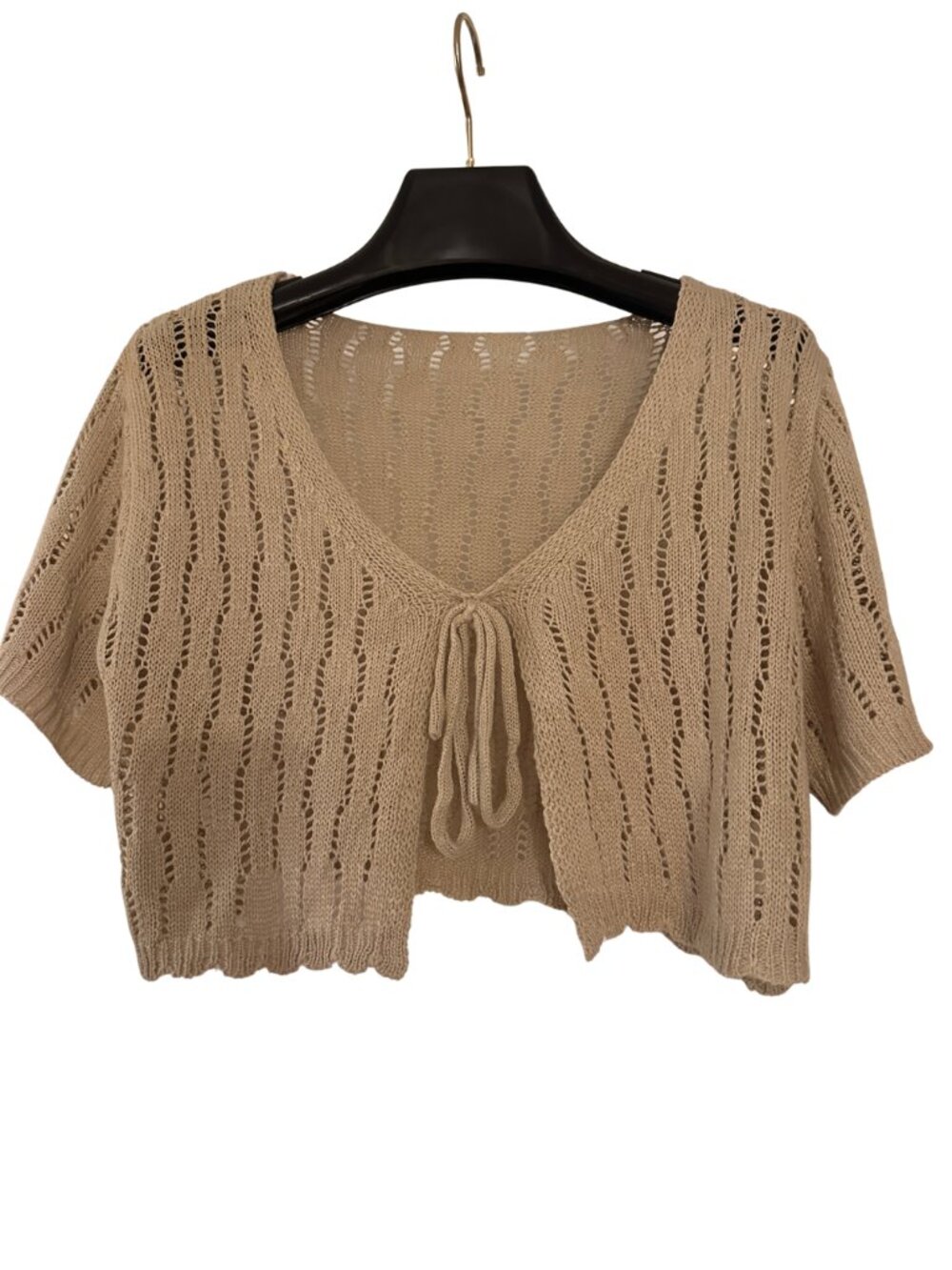 Tan Crochet Tie Front Short Sleeve Cardigan - Misses Small
